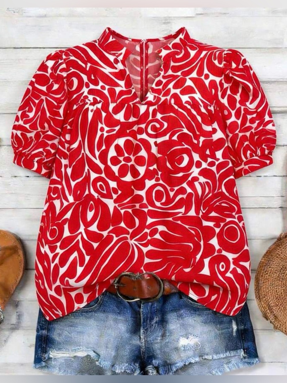 Women's Vintage Abstract Mandarin Collar Puff Sleeve Floral Blouse! Size 2XL.